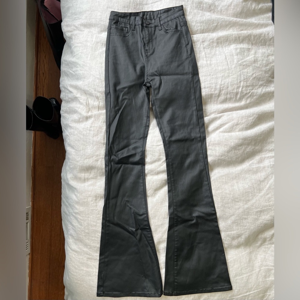 Edikted Luna Faux Leather Flare Jeans (Black)